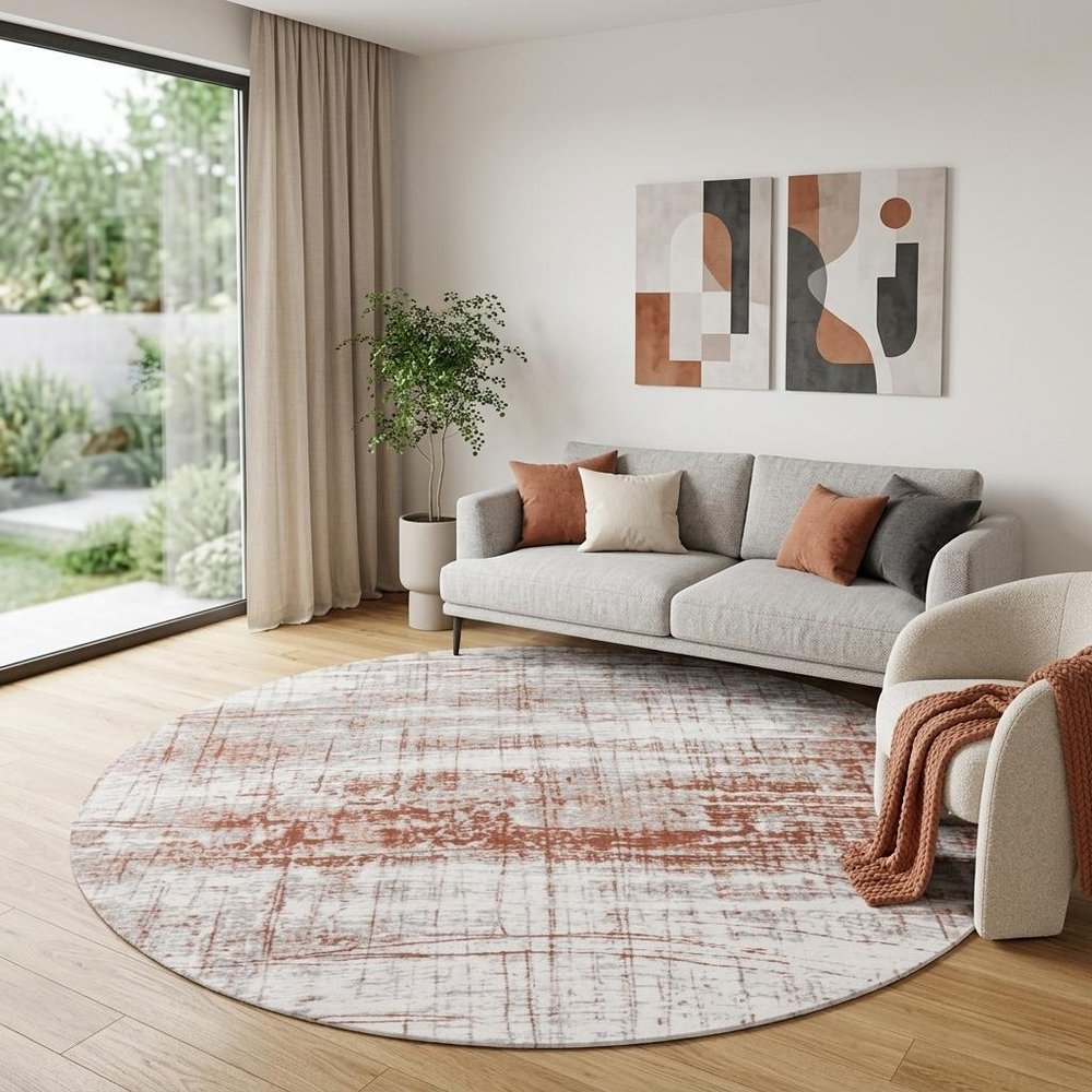8' Gray and Yellow Round Abstract Non Skid Area Rug