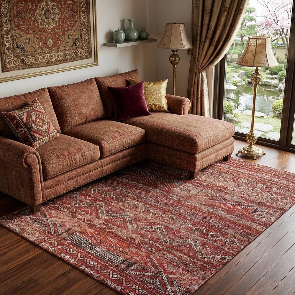 7' X 9' Red and Gray Oriental Non Skid Area Rug