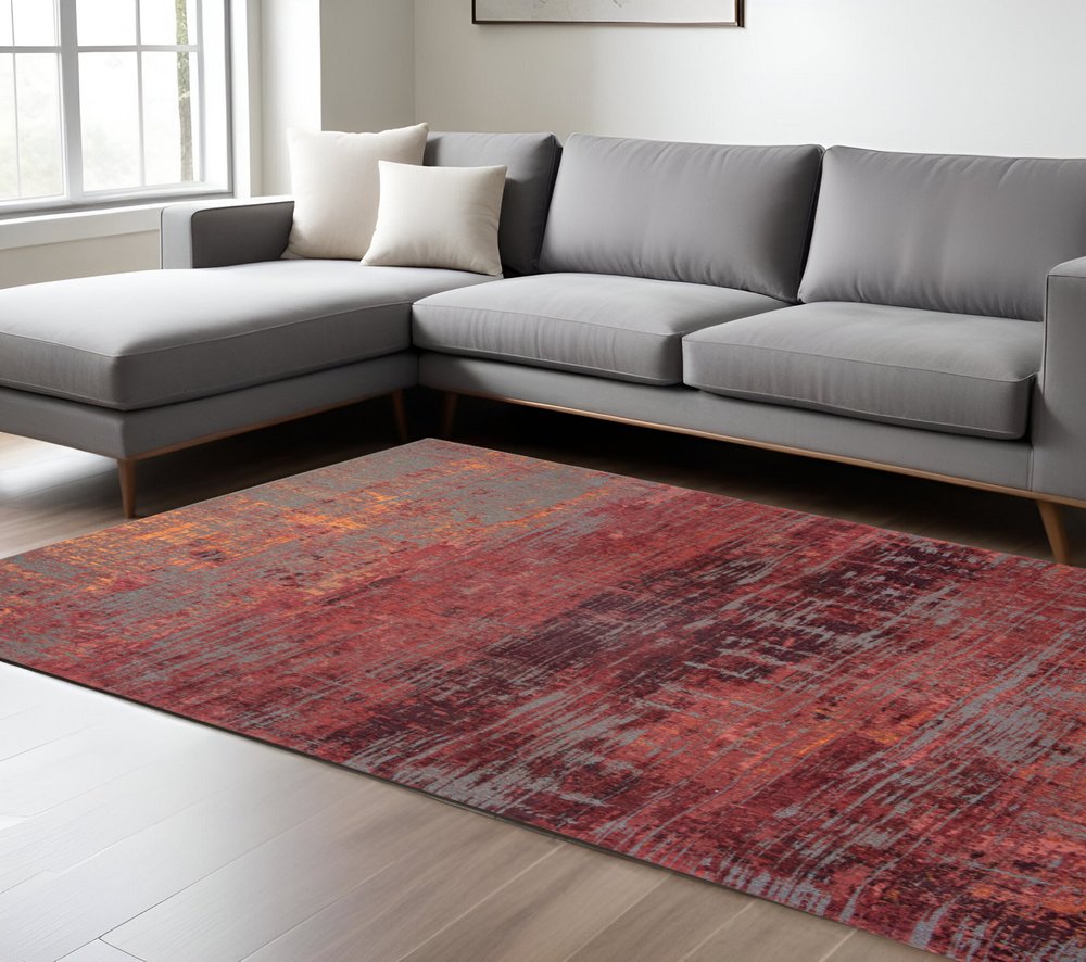 7' X 9' Red and Gray Abstract Non Skid Area Rug