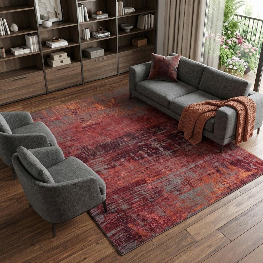 9' X 13' Red and Gray Abstract Non Skid Area Rug