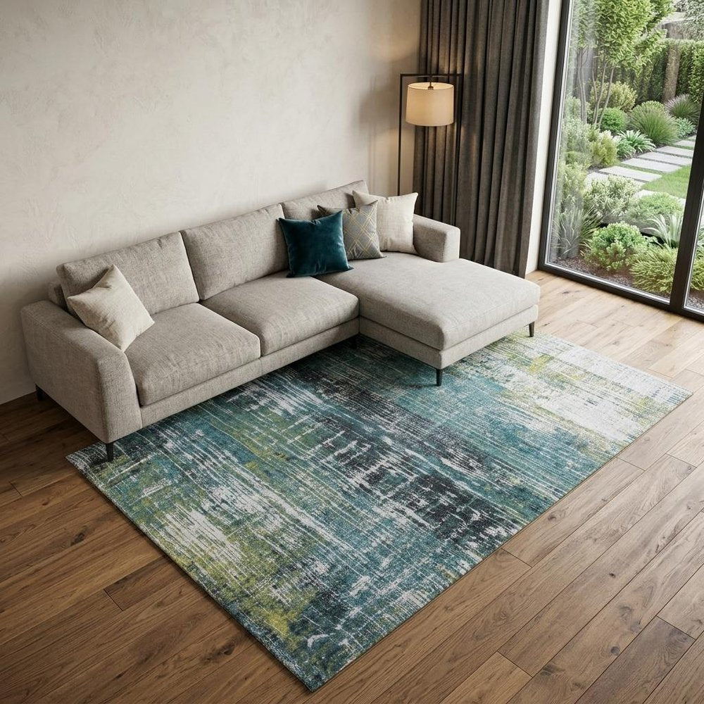 7' X 9' Blue and Green Abstract Non Skid Area Rug