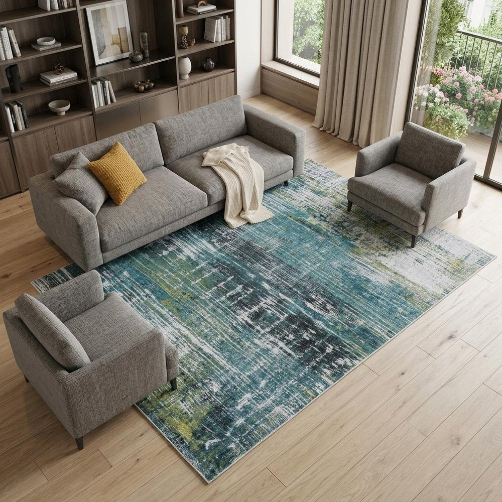 9' X 13' Blue and Green Abstract Non Skid Area Rug
