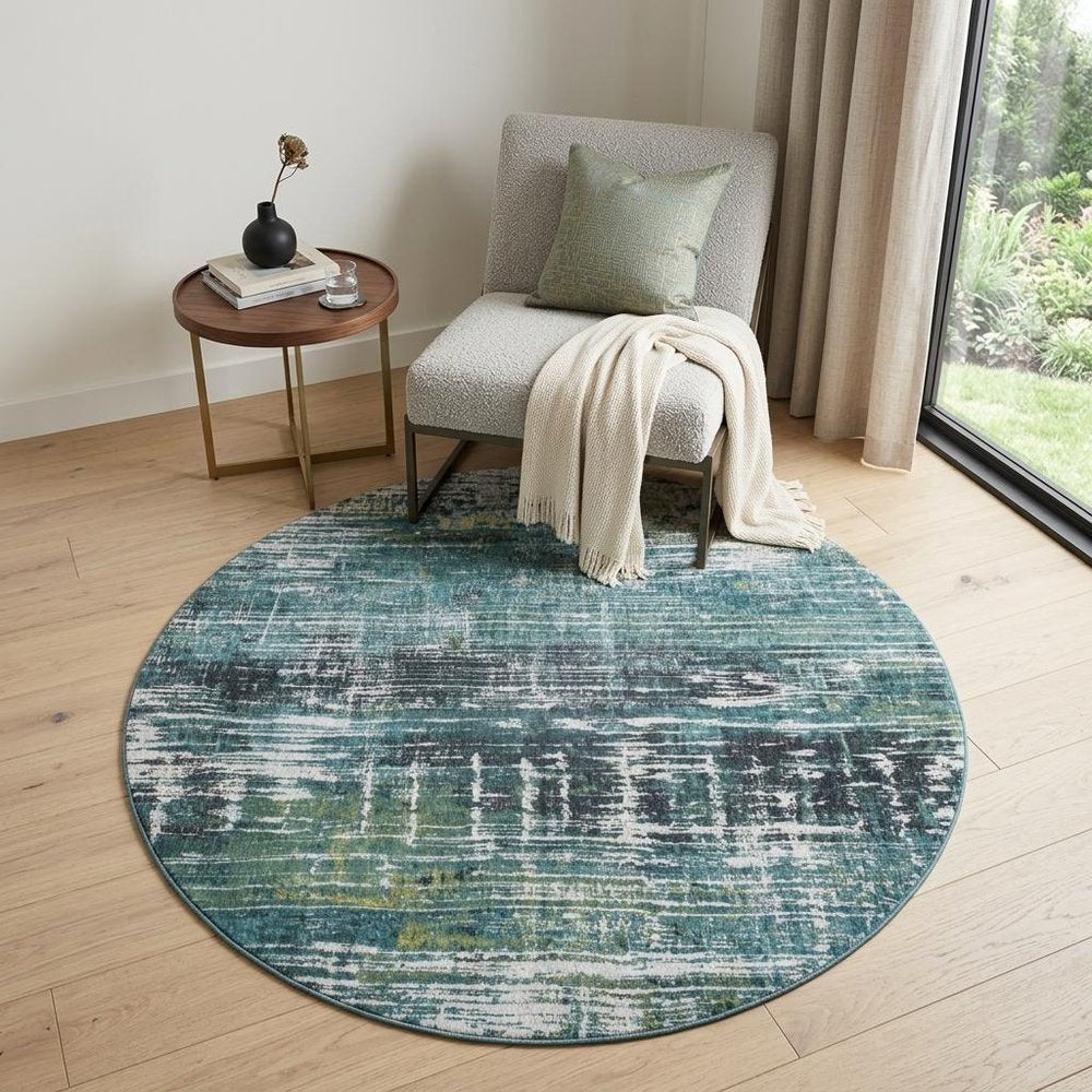 5' Blue and Green Round Abstract Non Skid Area Rug