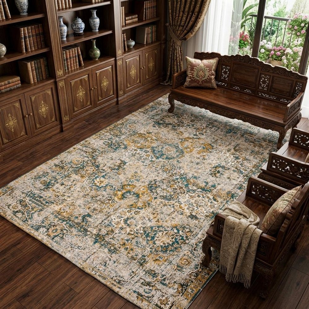 9' X 13' Blue and Green Abstract Non Skid Area Rug