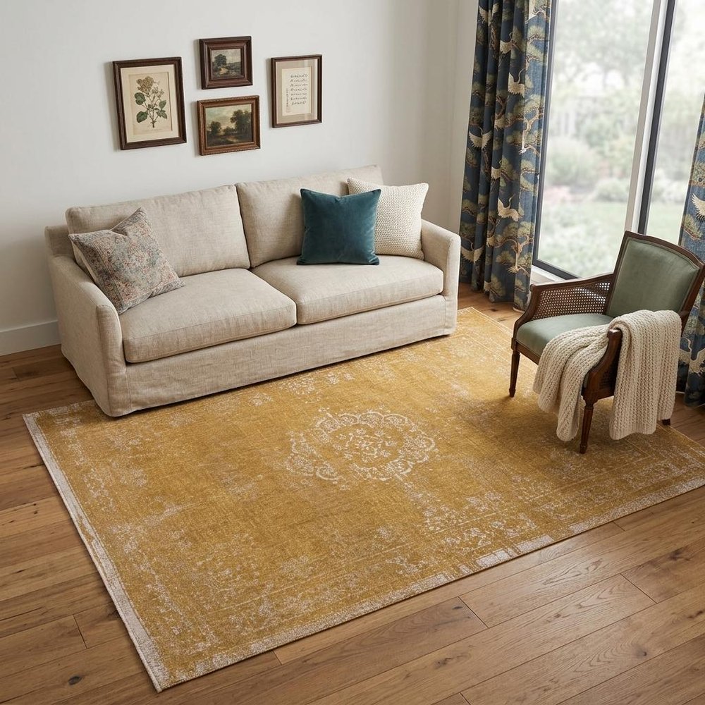 5' X 7' Orange and White Medallion Non Skid Area Rug