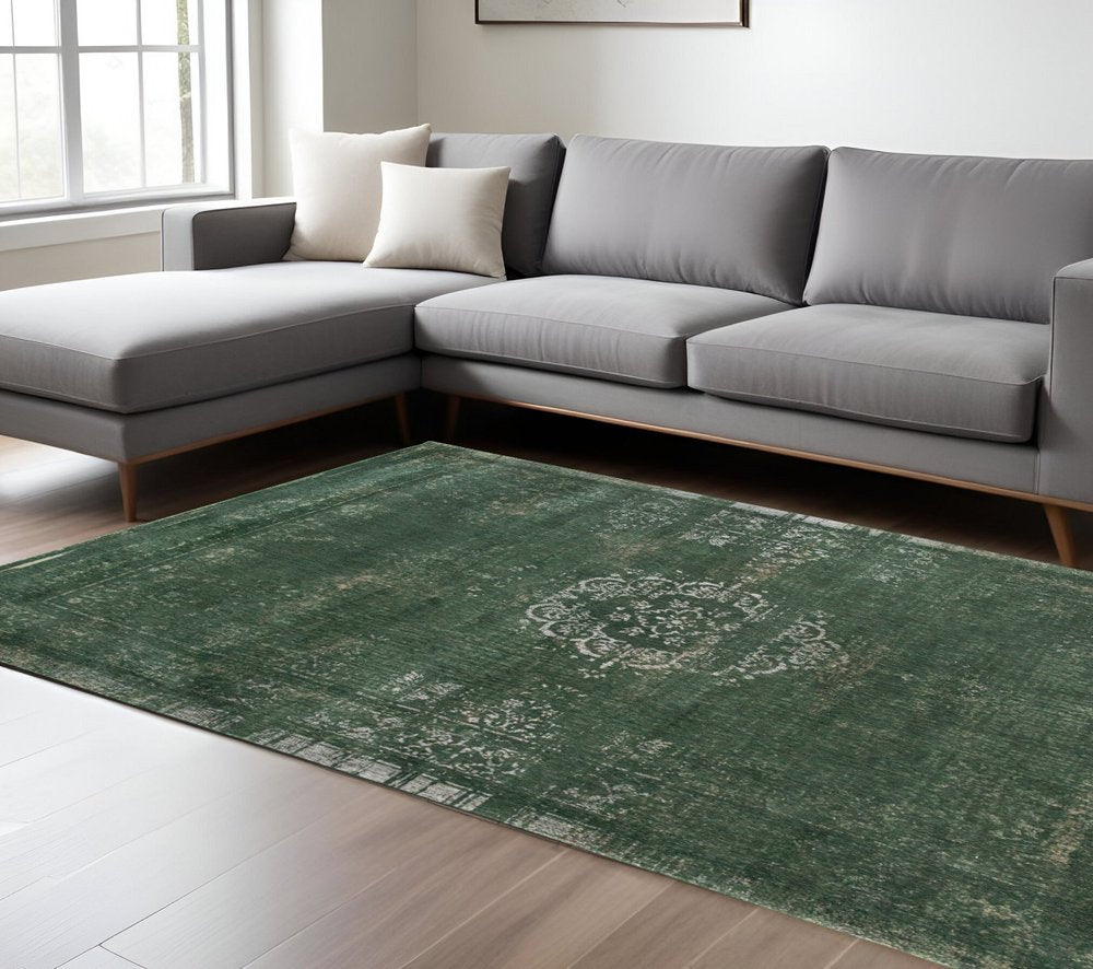 7' X 9' Gray and Green Medallion Non Skid Area Rug