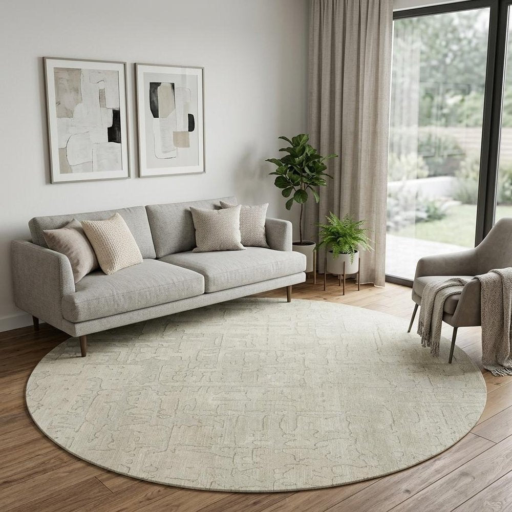 8' Gray and Beige Round Abstract Non Skid Area Rug