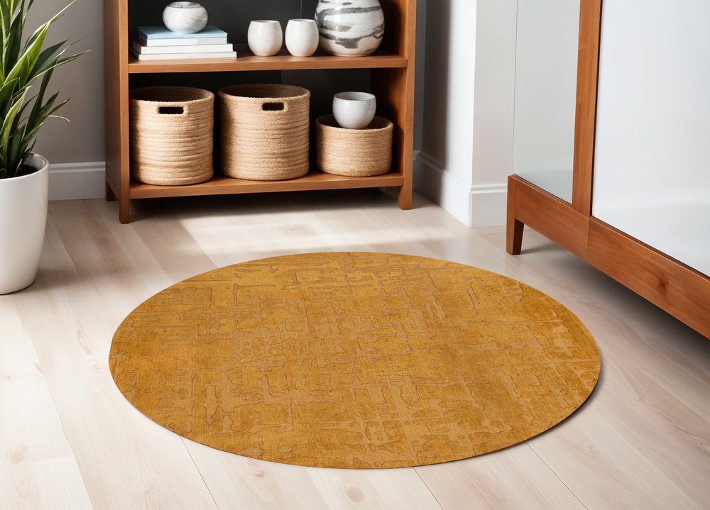 5' Yellow Round Abstract Non Skid Area Rug