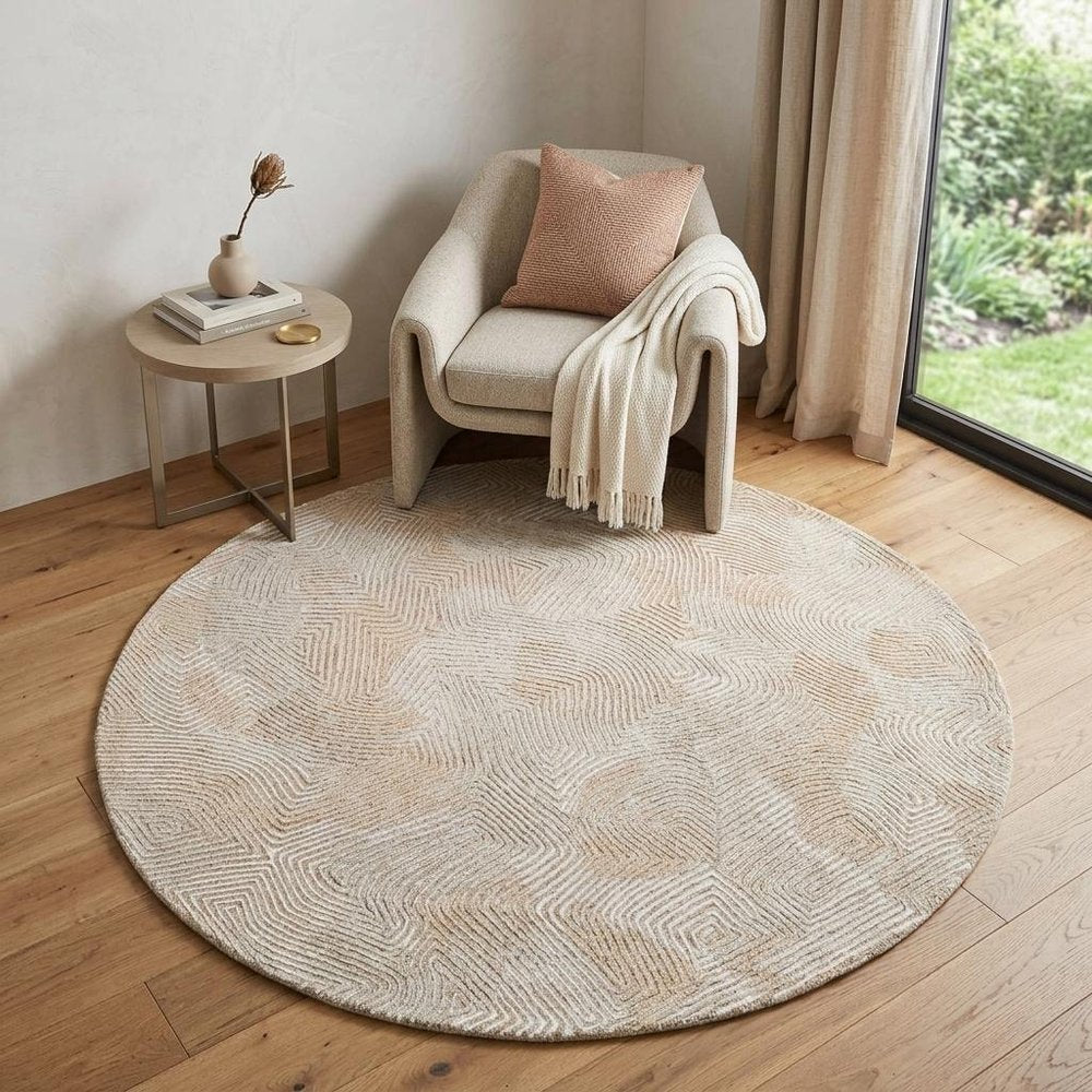 5' Beige and White Round Abstract Non Skid Area Rug