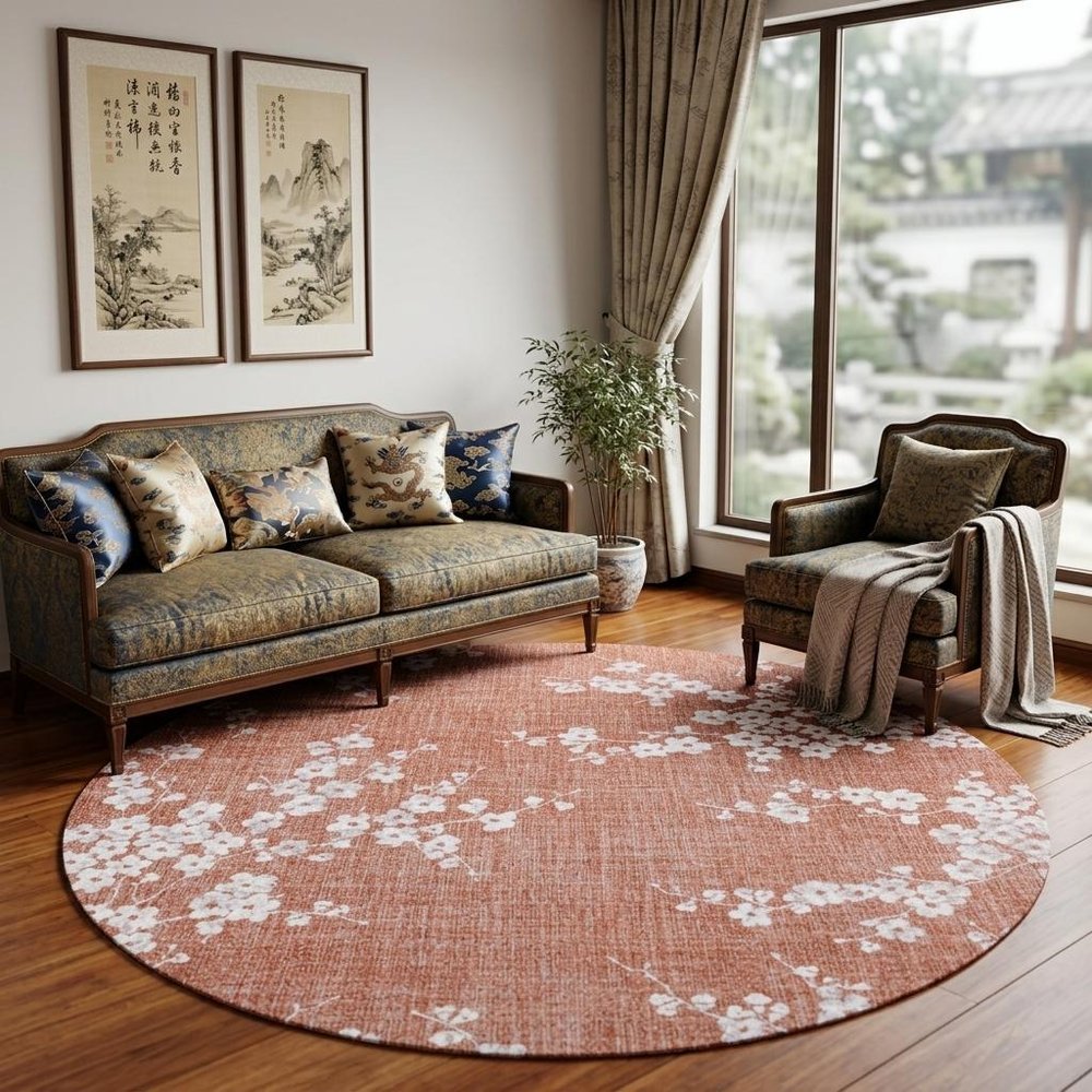 8' Red and White Round Oriental Non Skid Area Rug