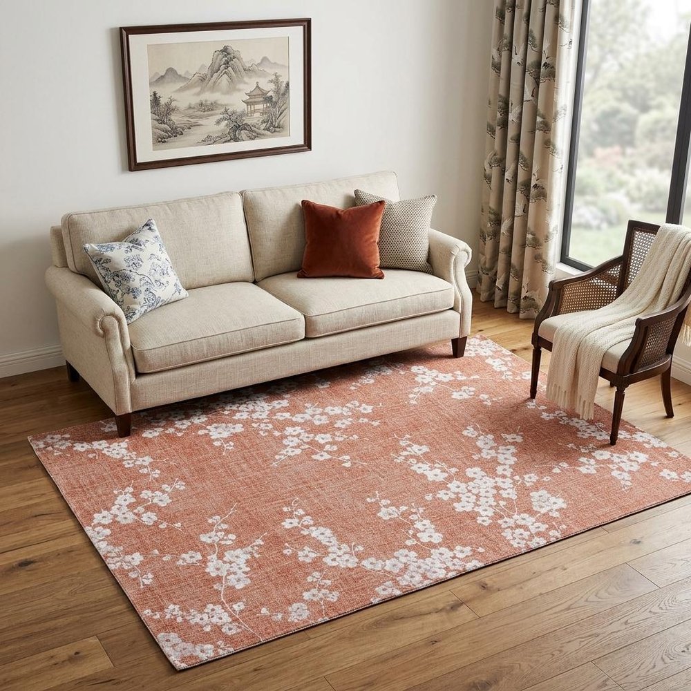 5' X 7' Red and White Oriental Non Skid Area Rug
