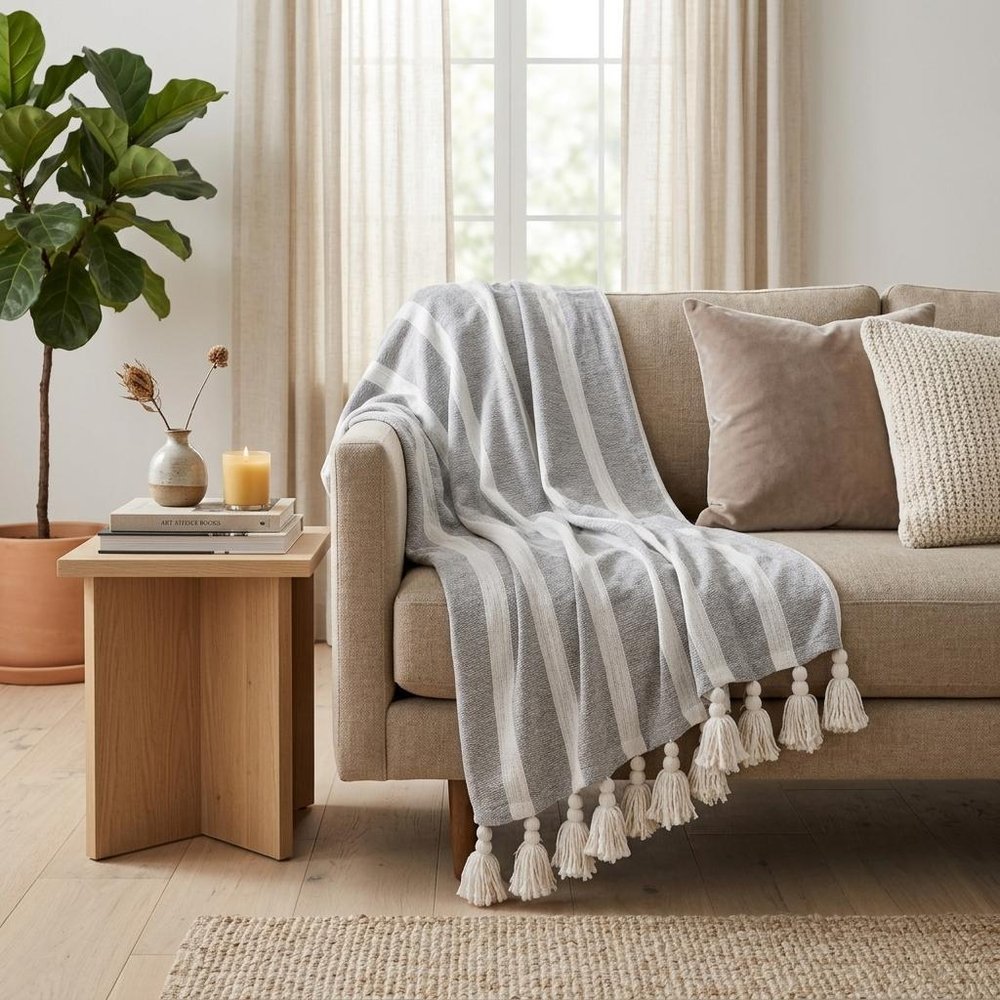 50" X 60" Gray and White Woven Cotton Striped Throw Blanket with Tassels