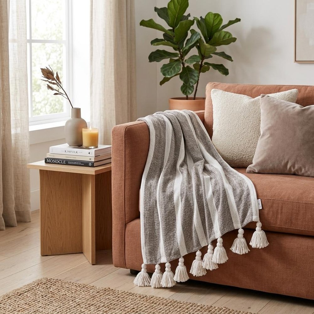 50" X 60" Charcoal Woven Cotton Striped Throw Blanket with Tassels