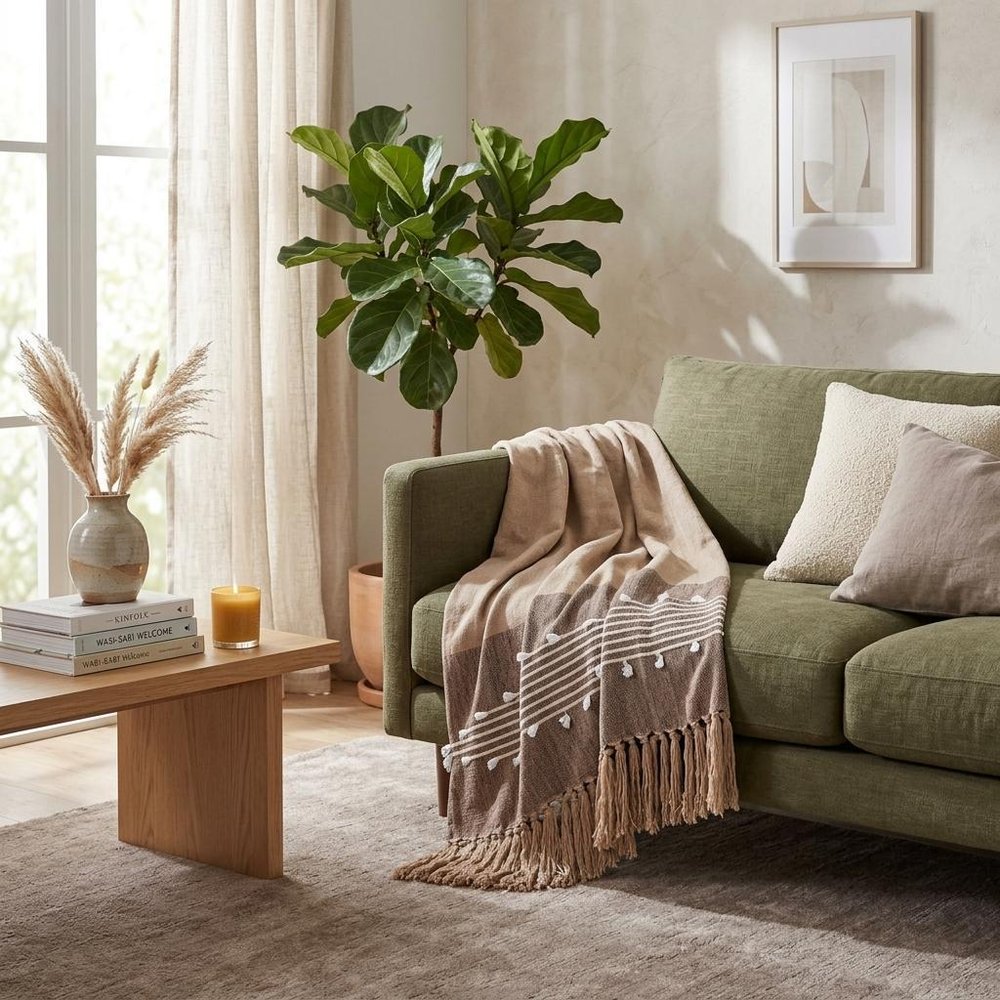 50" X 60" Brown and Beige Woven Cotton Striped Throw Blanket with Tassels and Embroidery