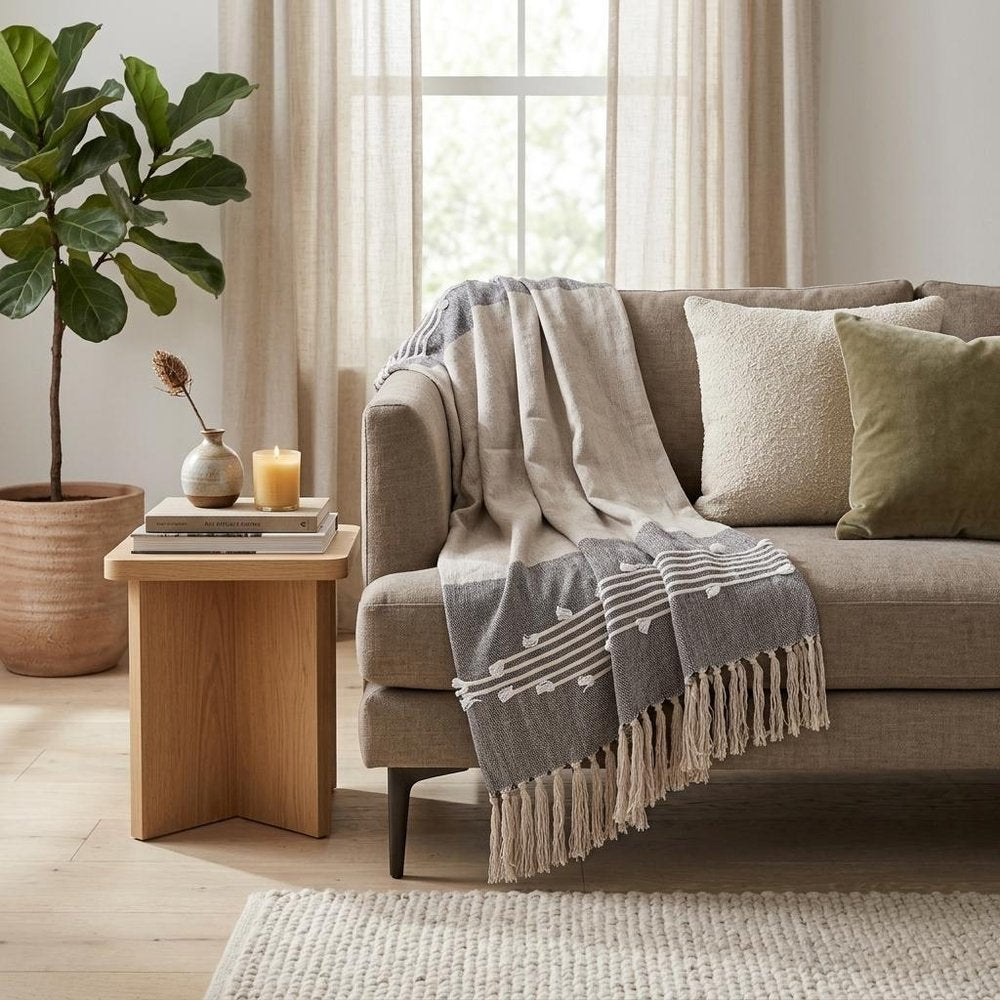 50" X 60" Ivory and Gray Woven Cotton Striped Throw Blanket with Fringe and Embroidery