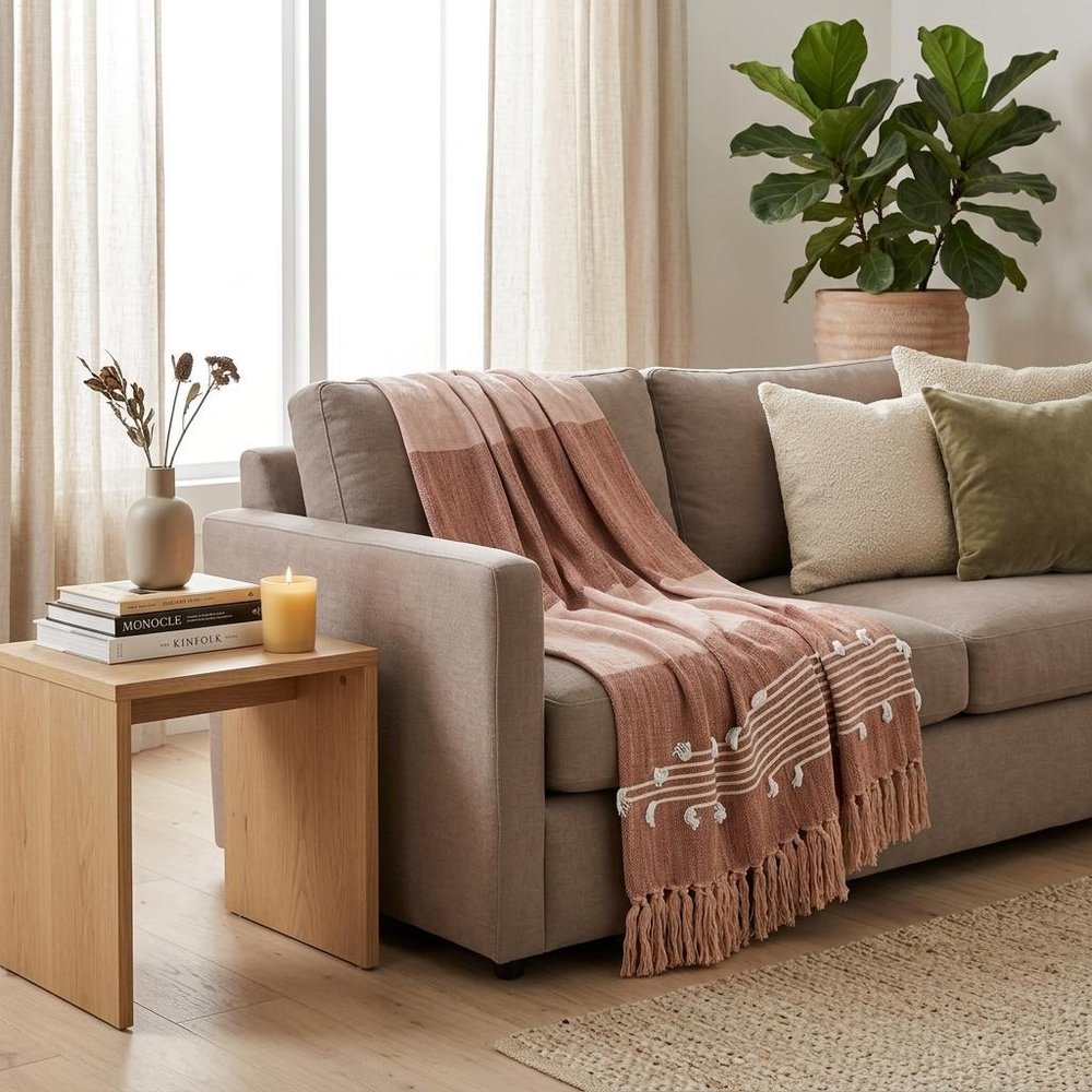 50" X 60" Gray and Rust Woven Cotton Striped Throw Blanket with Fringe, Embroidery