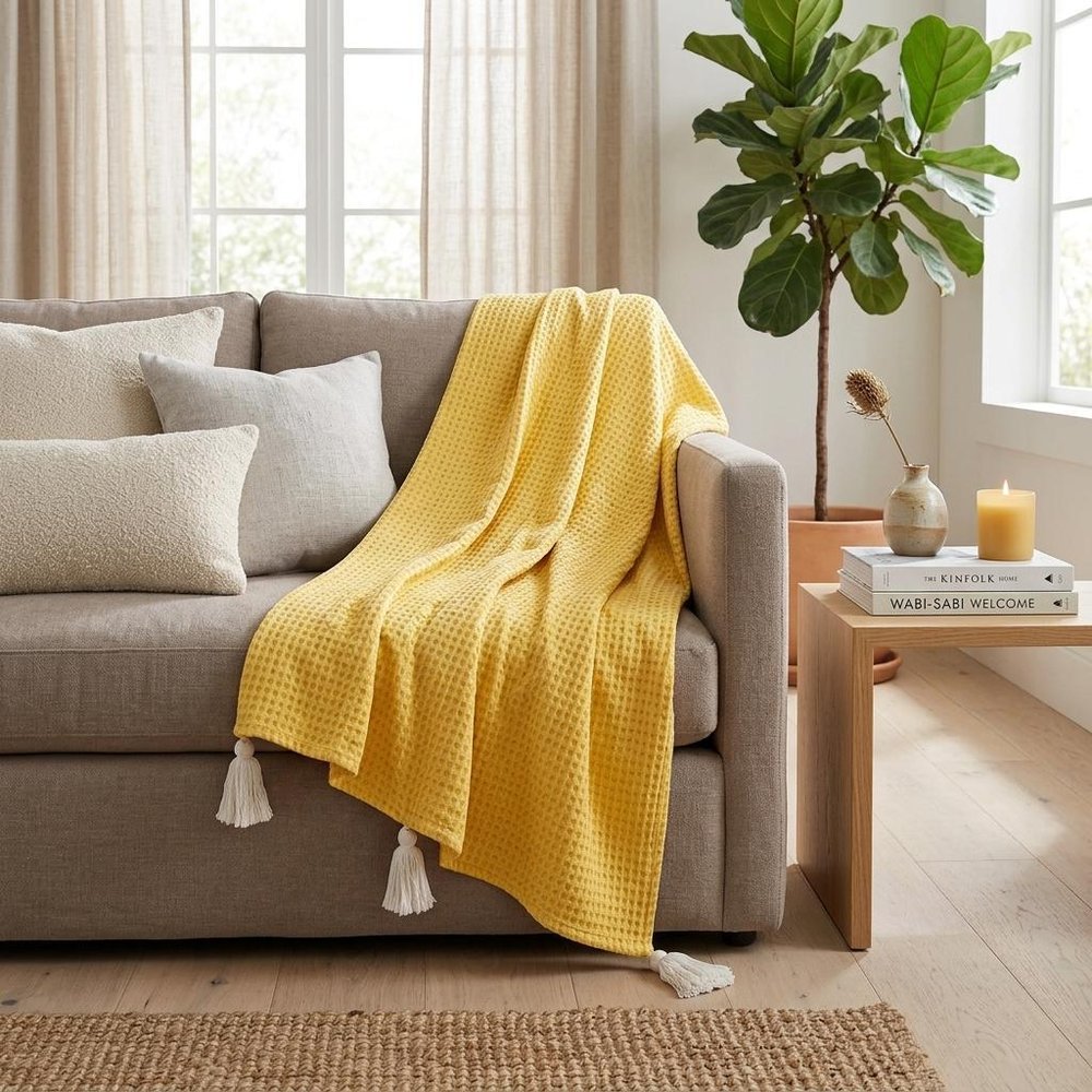 50" X 60" Yellow Woven Cotton Throw Blanket with Tassels