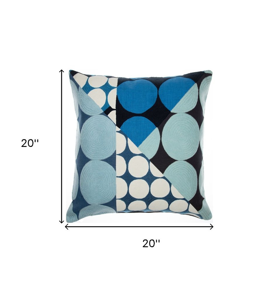 20" Beige and Black Geometric Cotton Throw Pillow With Embroidery