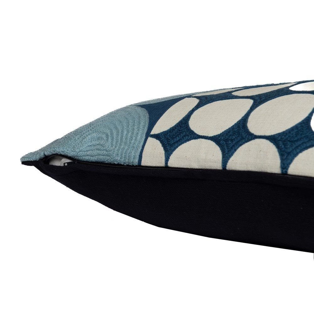 20" Blue and Ivory Geometric Cotton Throw Pillow With Embroidery