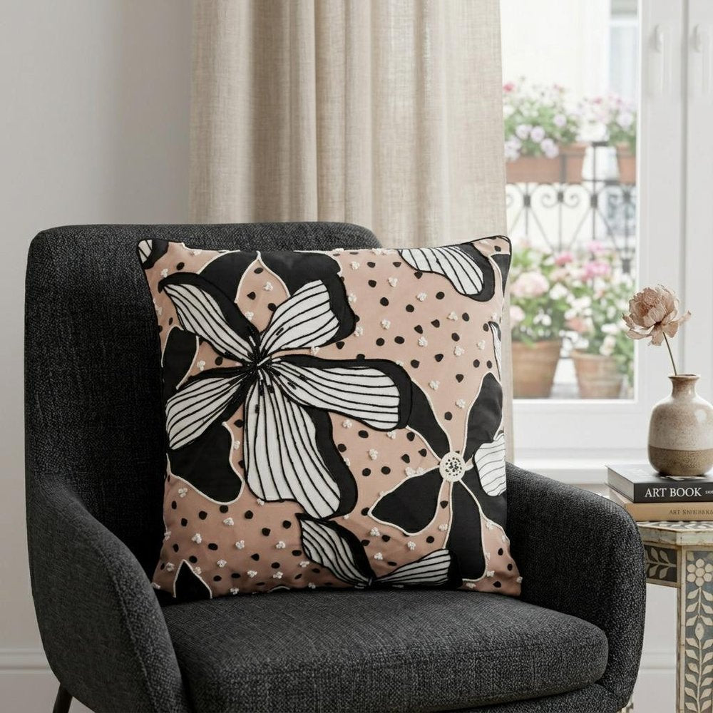 20" Beige and Black Tropical Throw Pillow With Embroidery