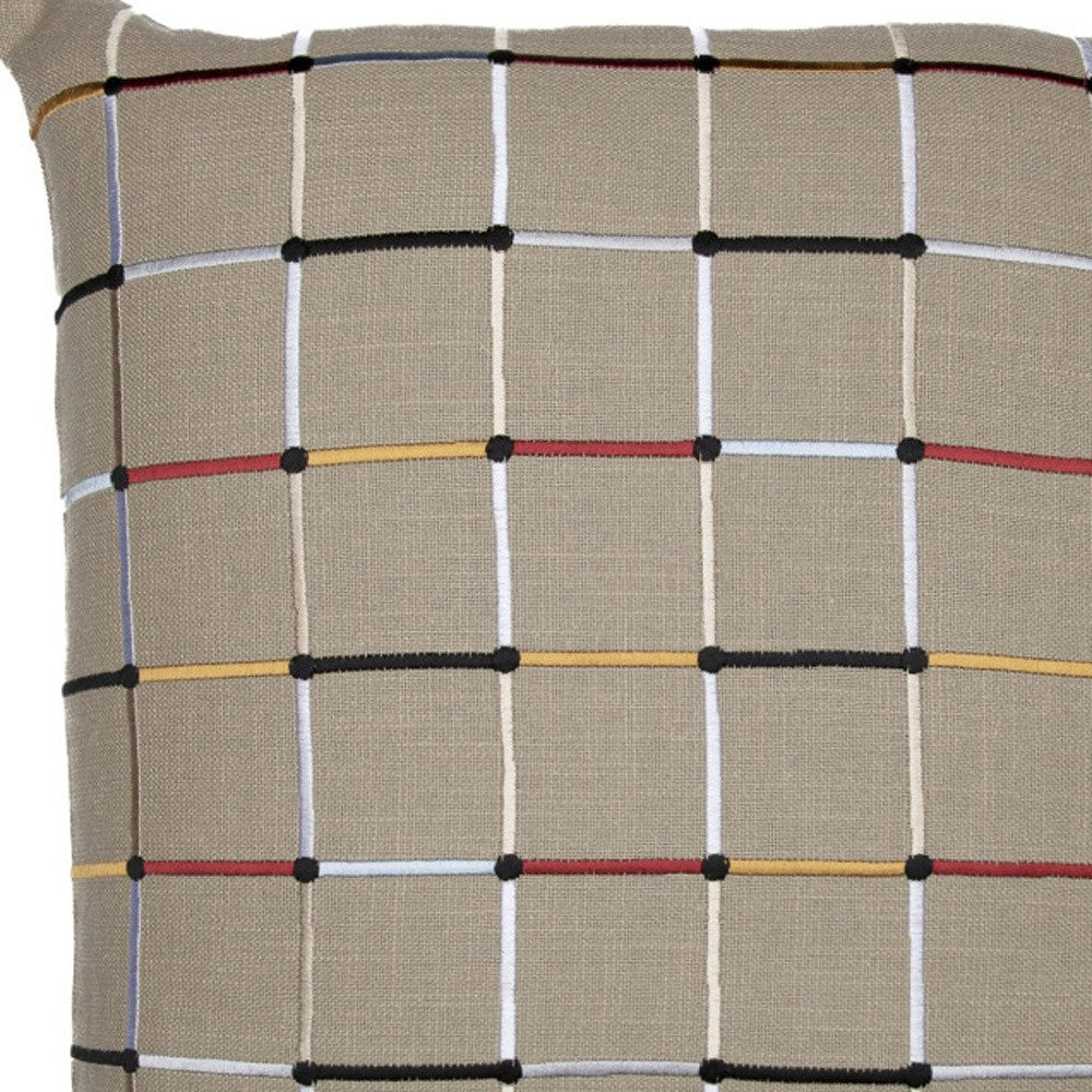 20" Beige Check Cotton Blend Throw Pillow With Embroidery