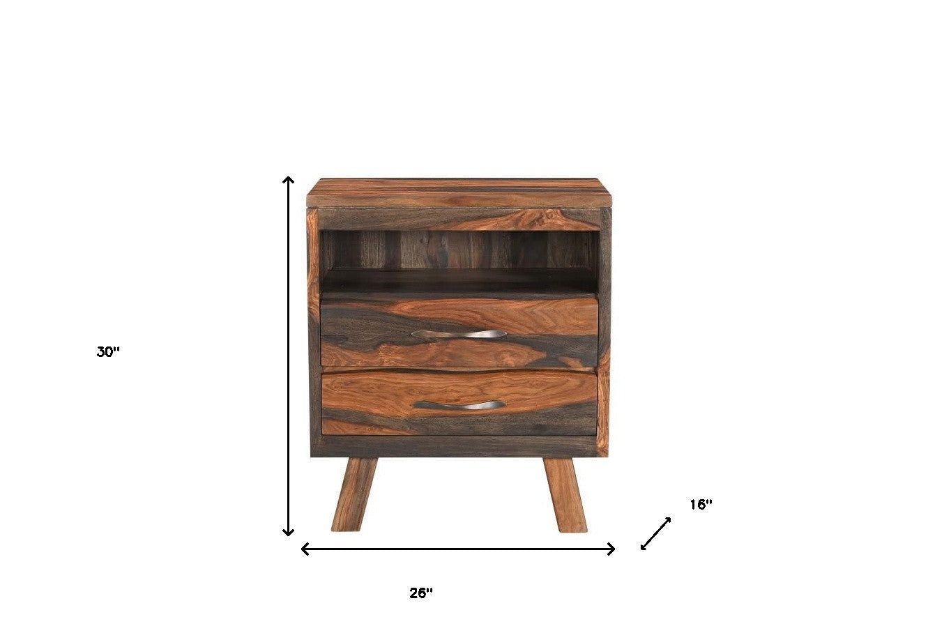 30" Dark Brown Solid Wood Two Drawer Nightstand