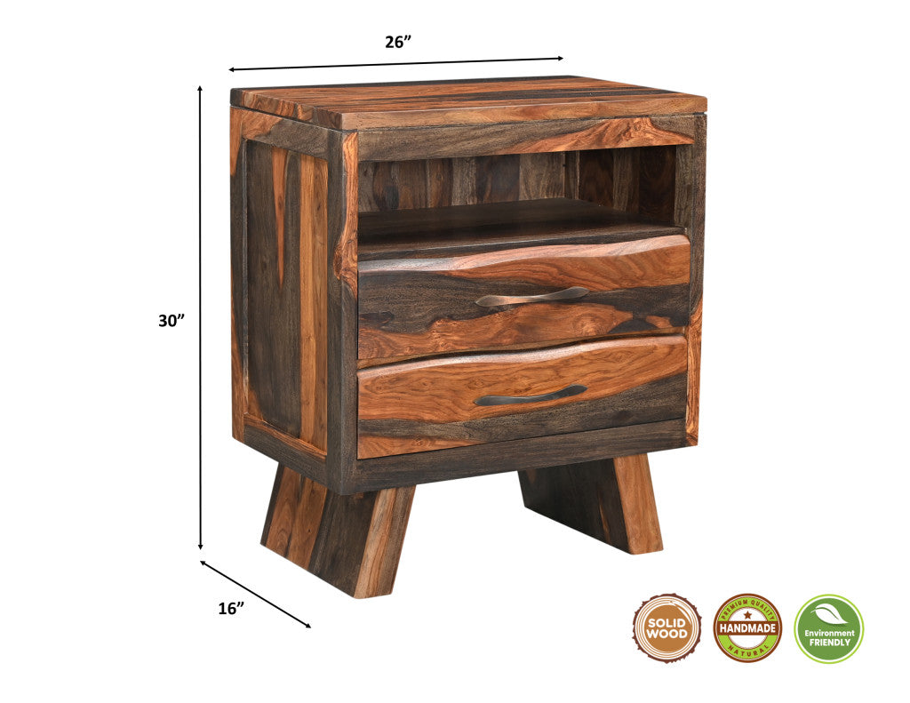 30" Dark Brown Solid Wood Two Drawer Nightstand