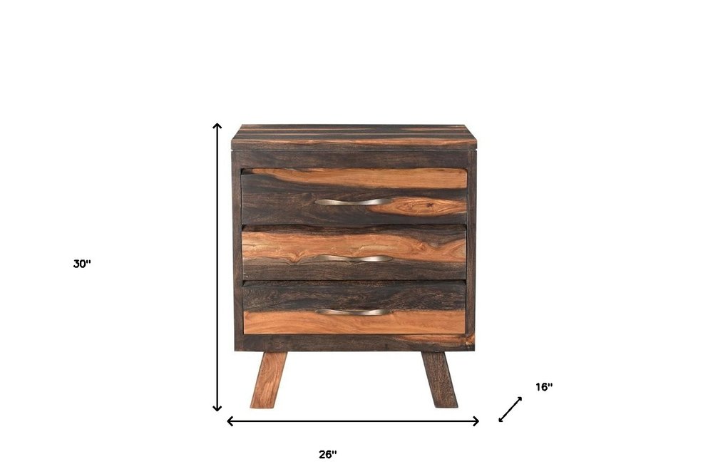 30" Dark Brown Solid Wood Three Drawer Nightstand