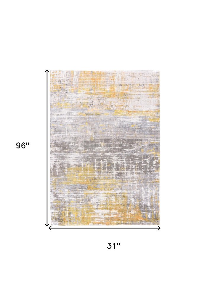 10' Gray And Yellow Abstract Runner Rug