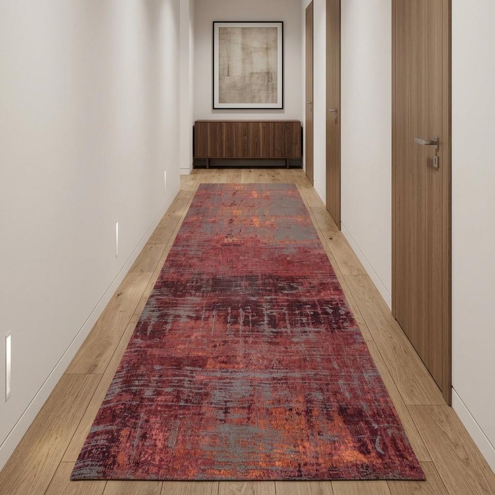 10' Gray And Red Abstract Runner Rug