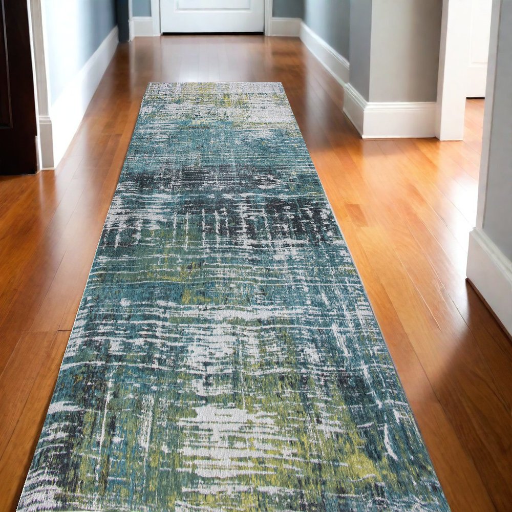 10' Blue And Green Abstract Runner Rug