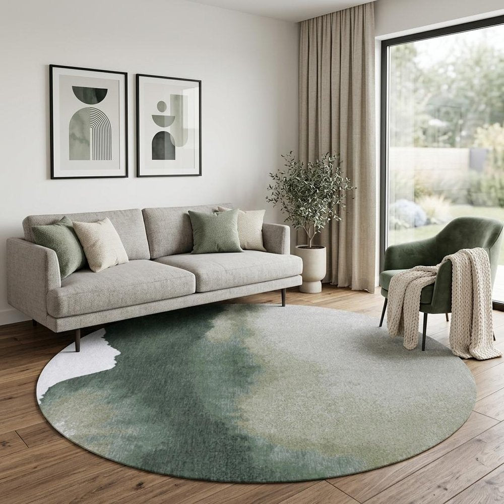 8' Gray and Green Round Abstract Non Skid Area Rug