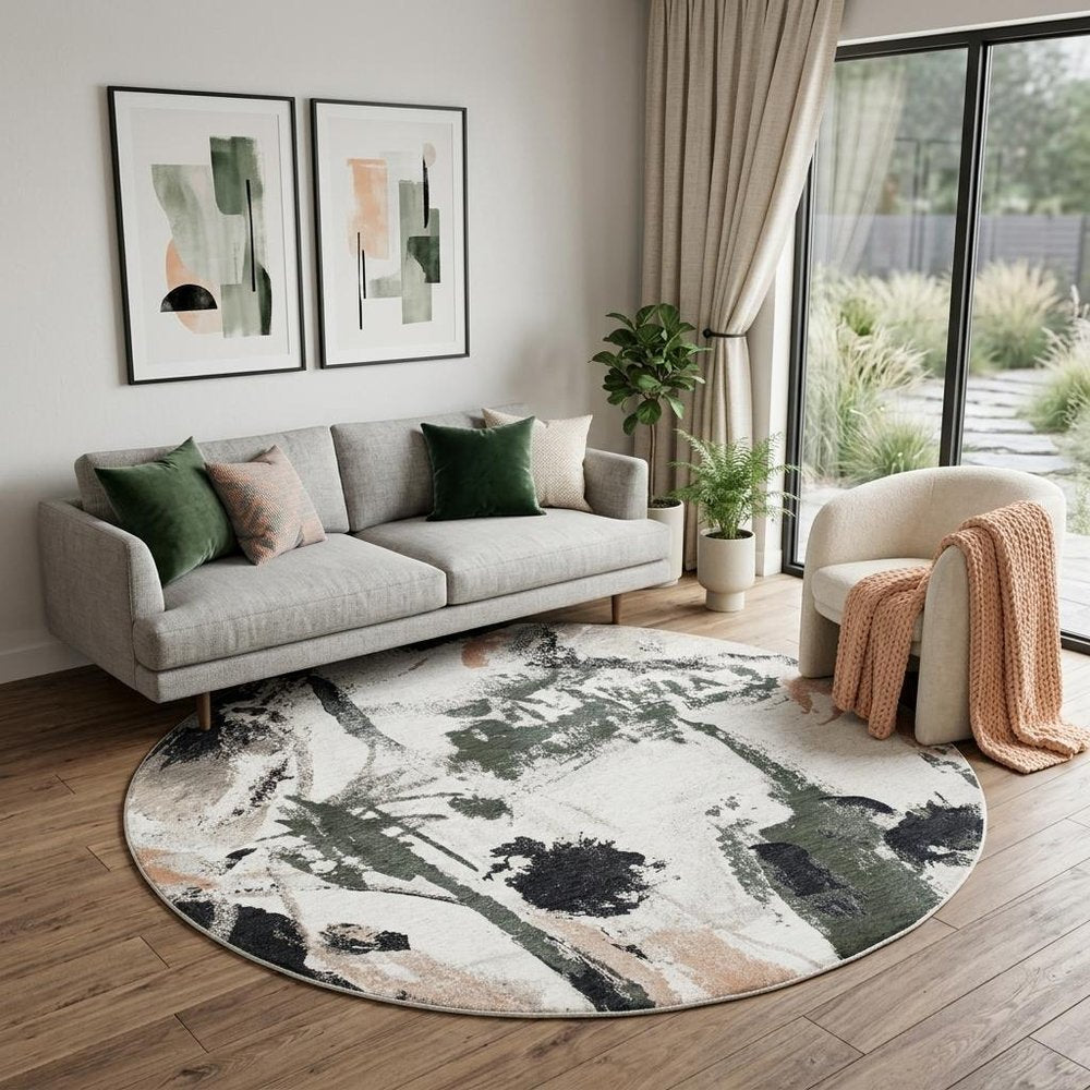 8' Gray and Orange Round Abstract Non Skid Area Rug