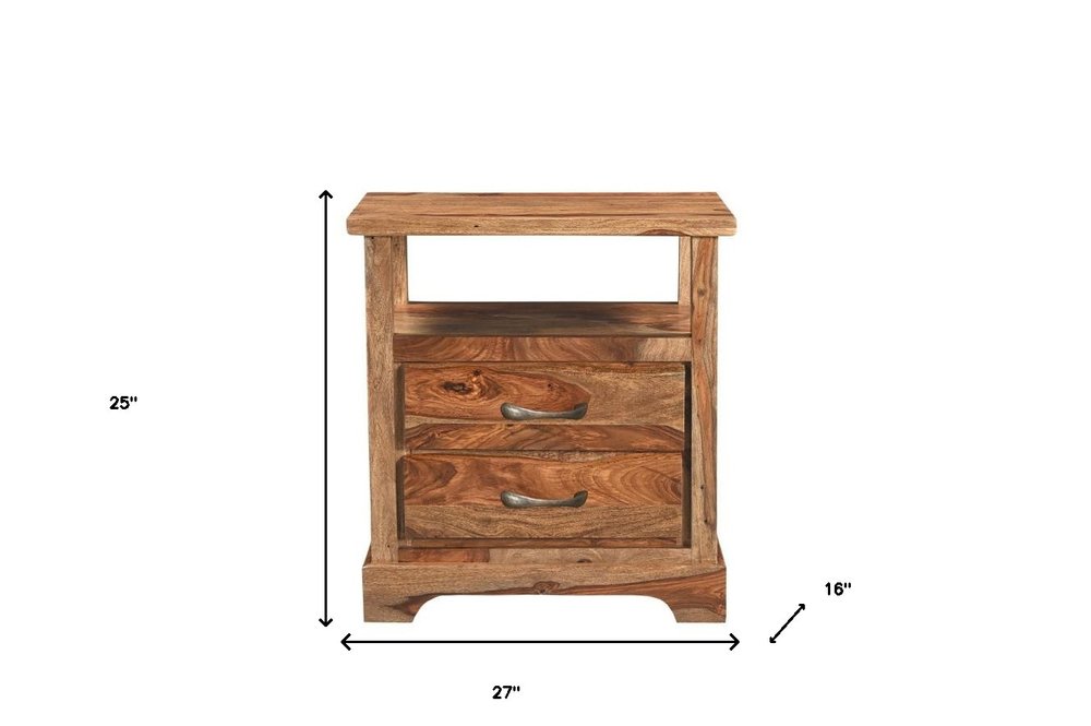 27" Brown Solid Wood Two Drawer Nightstand