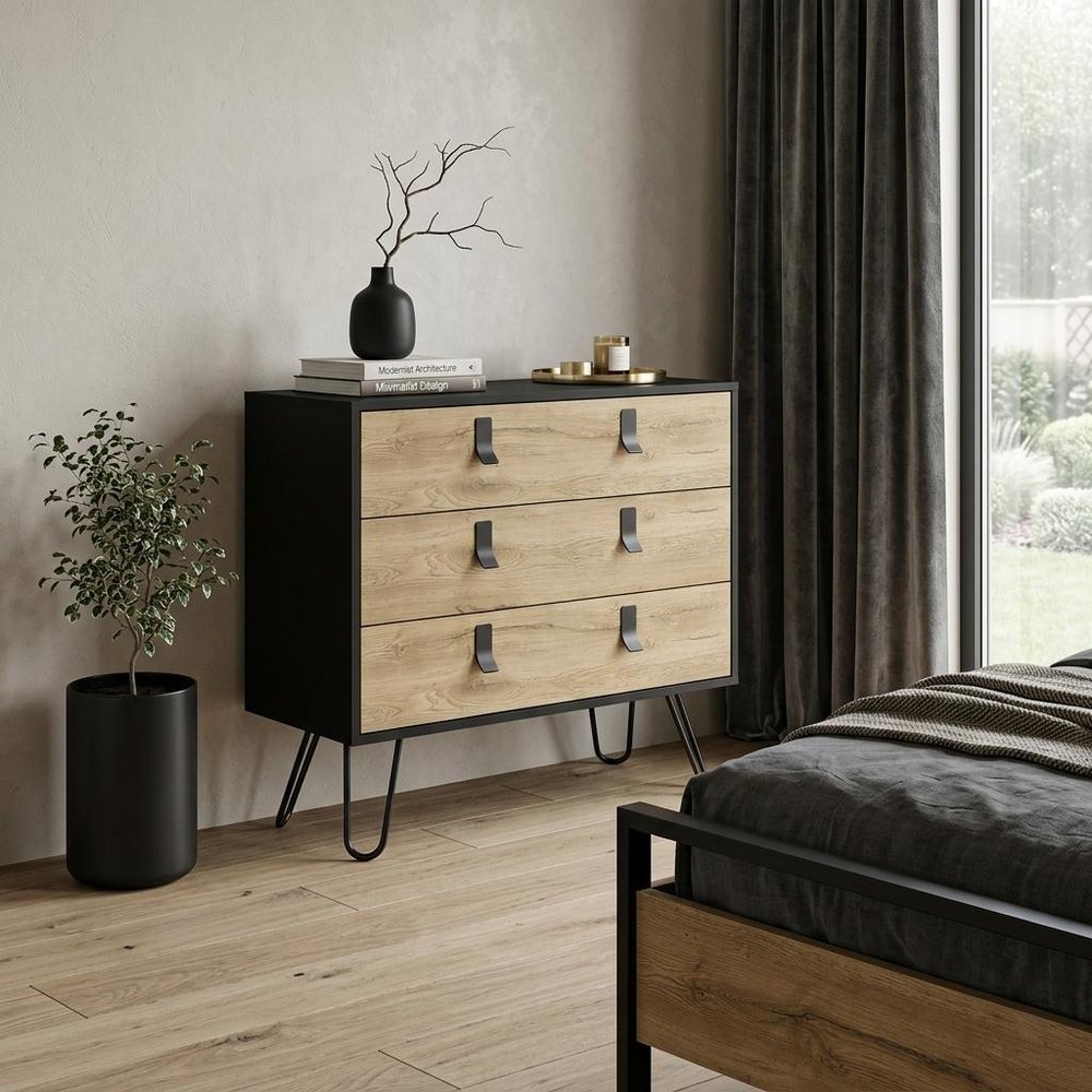 32" Natural And Black Wood Three Drawer Dresser