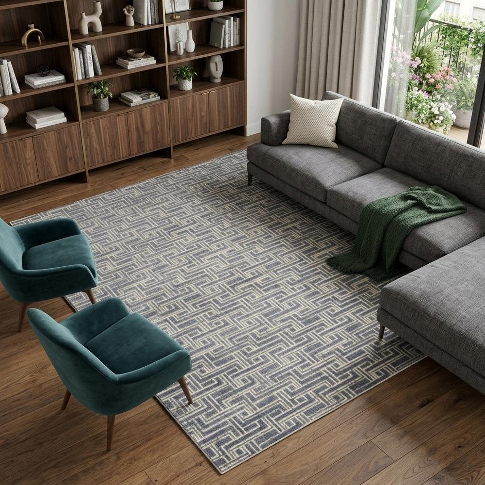 8' X 10' Blue Geometric Distressed Area Rug
