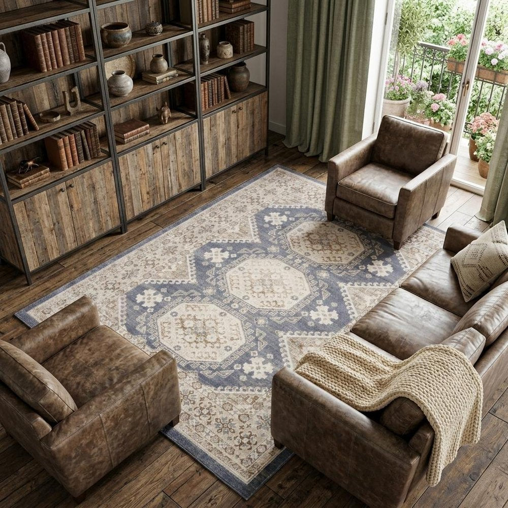 9' X 12' Blue Geometric Distressed Area Rug