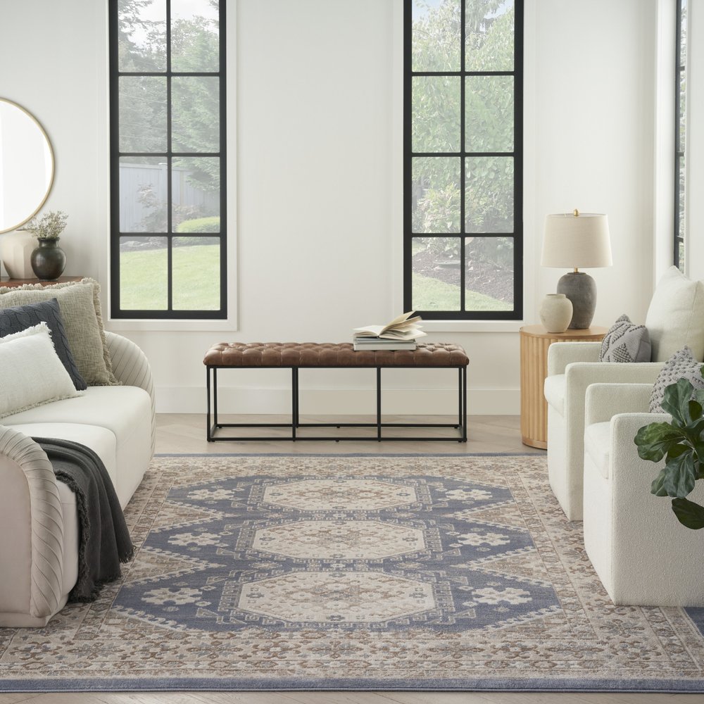 8' X 10' Blue Geometric Distressed Area Rug
