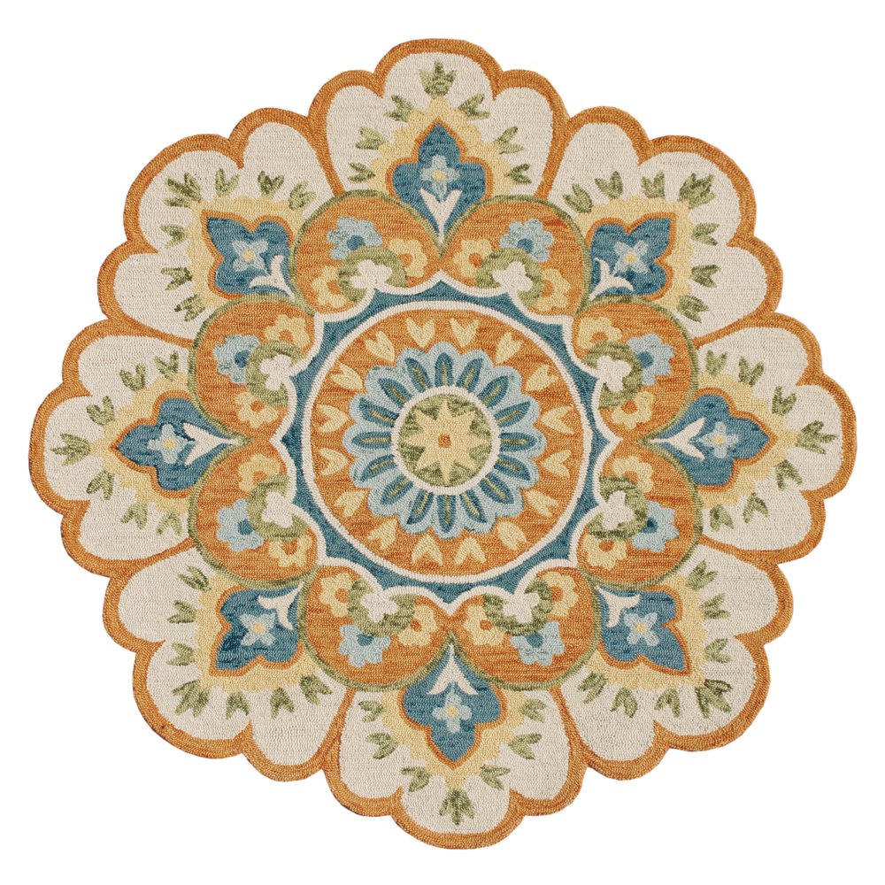 5' Blue and Ivory Round Wool Floral Hand Tufted Area Rug