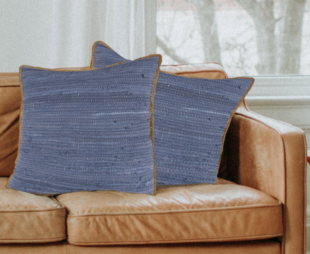 Set of Two 20" Gray And Natural Cotton And Jute Throw Pillows