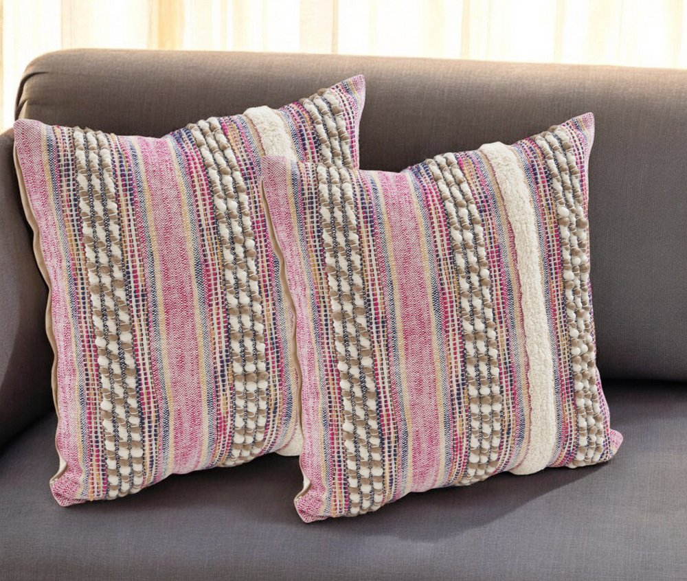 Set of Two Pink Striped Cotton Throw Pillows With Fringe