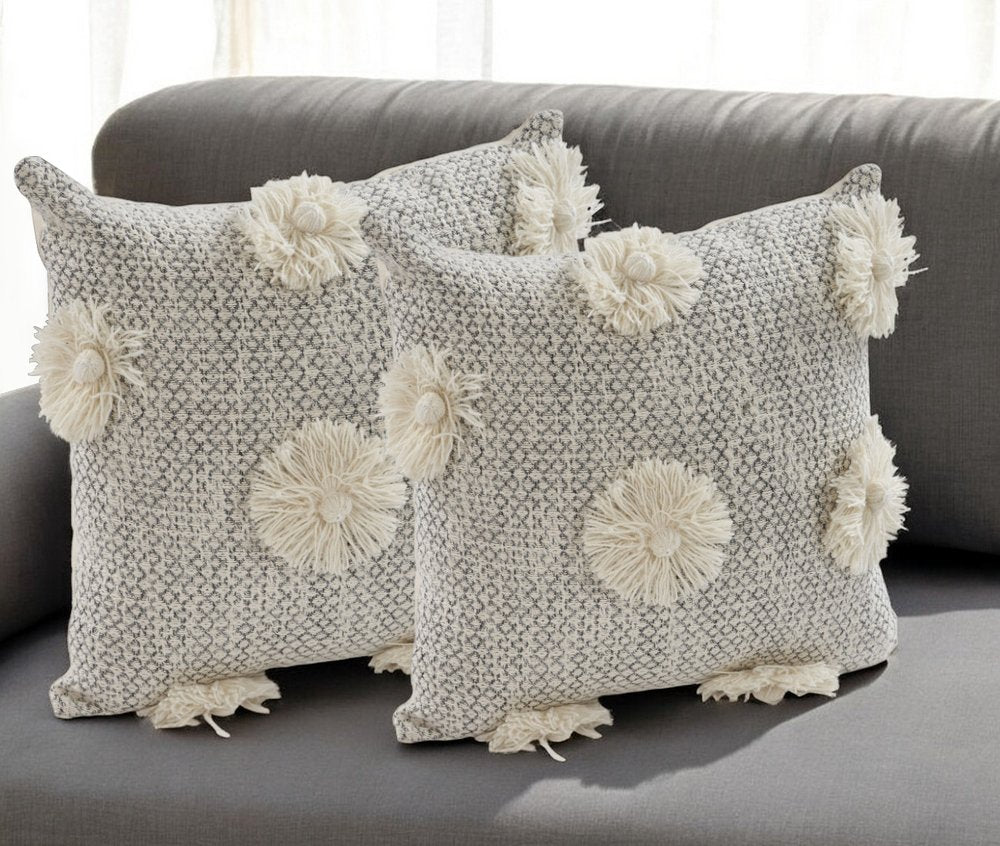 Set of Two Gray and Ivory Floral Cotton Throw Pillows With Fringe