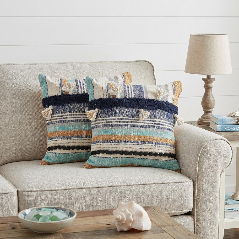 Set of Two Blue Striped Cotton Throw Pillow With Tassels