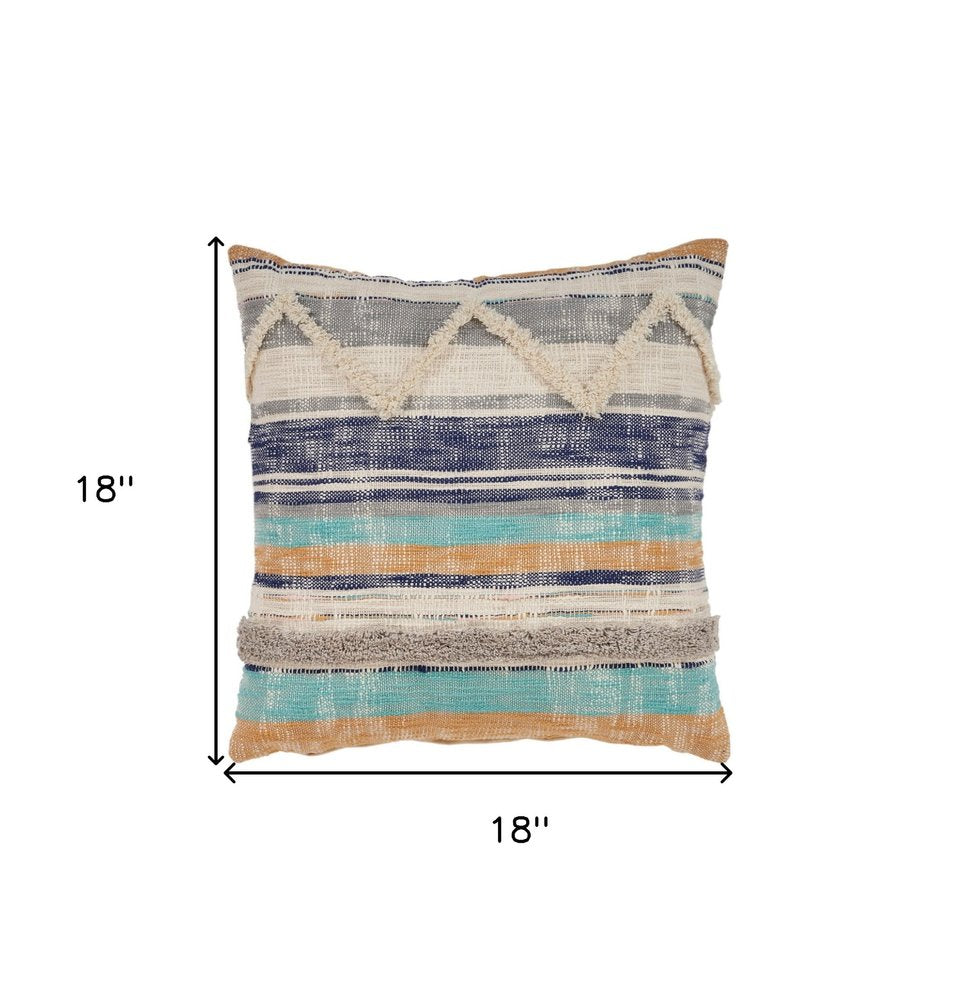 Set of Two Blue Striped Cotton Throw Pillow With Fringe