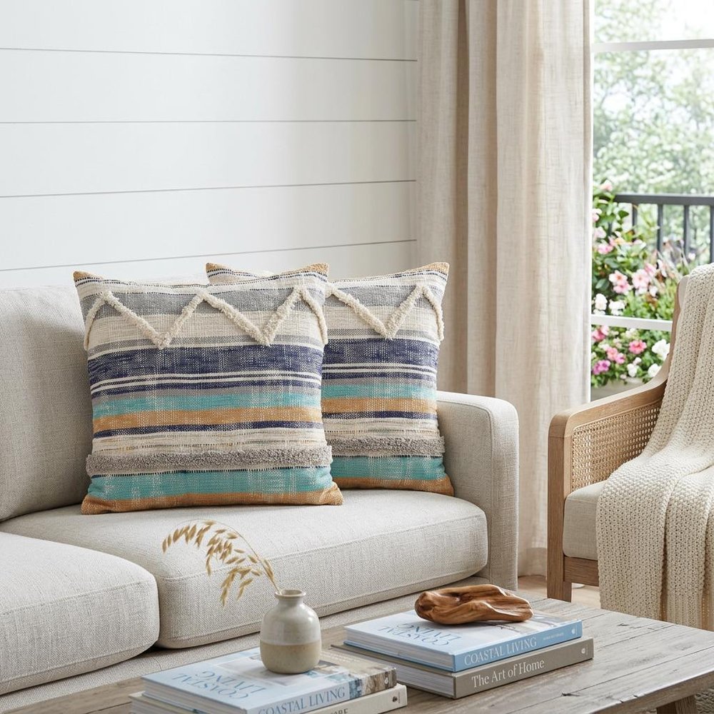 Set of Two Blue Striped Cotton Throw Pillow With Fringe
