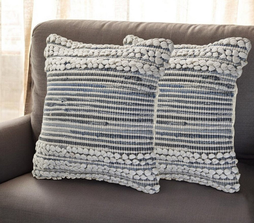 Set of Two 18" Blue And Ivory Cotton Throw Pillows with Texture