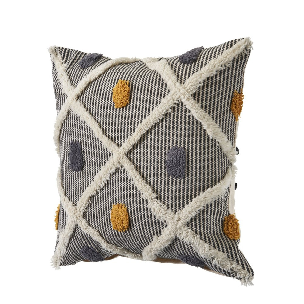 Set of Two Black and Yellow Striped Cotton Throw Pillows With Fringe