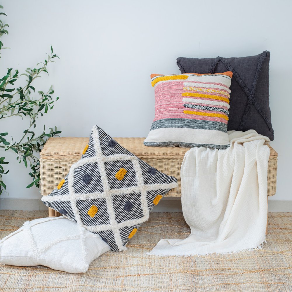 Set of Two Black and Yellow Striped Cotton Throw Pillows With Fringe