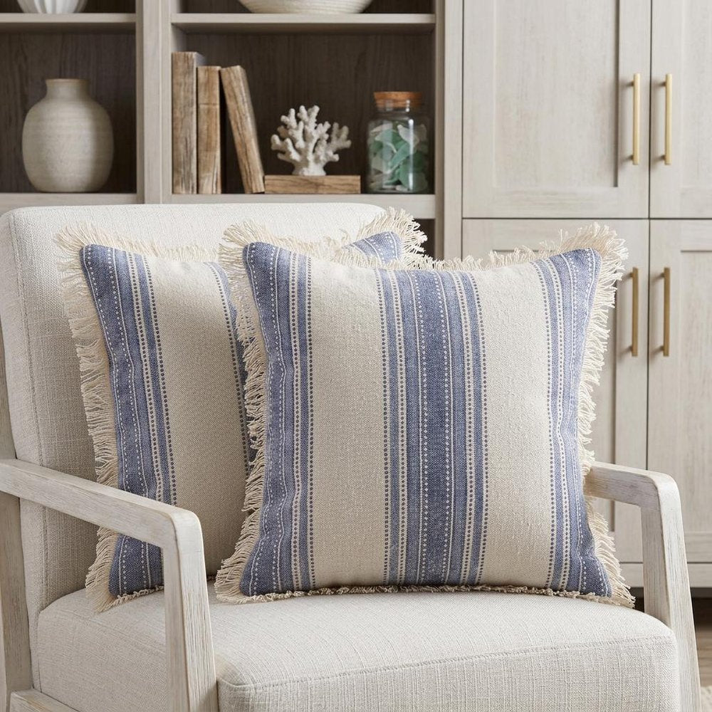 Set of Two 18" Blue and Cream Cotton Throw Pillows with Fringe