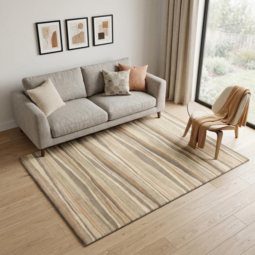 5' X 8' Beige and Brown Wool Striped Hand Loomed Area Rug